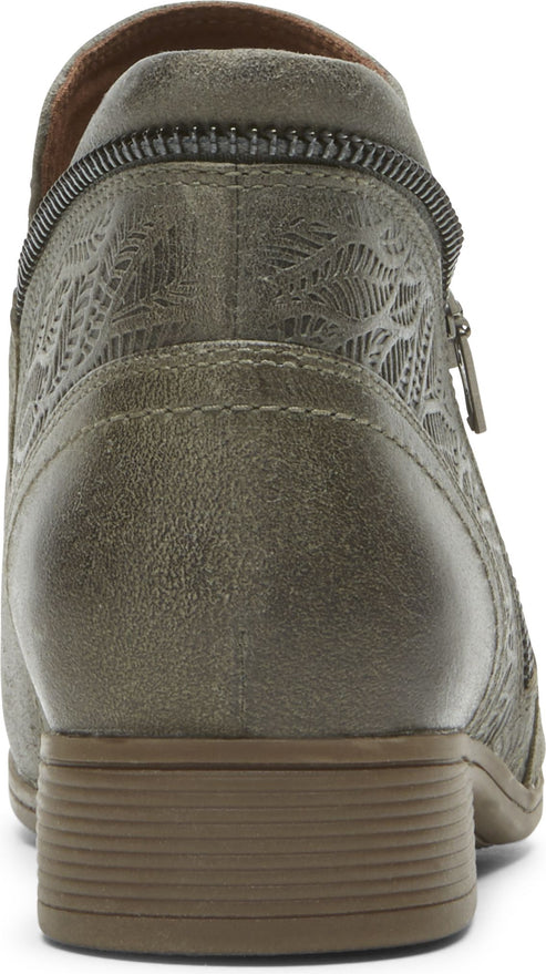 Olive-green ankle boot with side zippers and low heel.