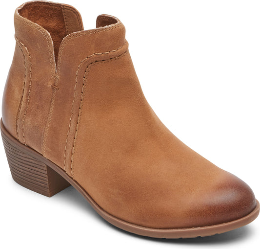 Tan-colored ankle boot with a short heel and split upper.