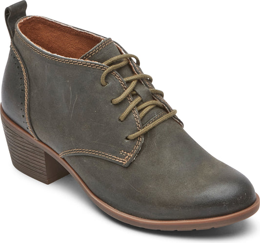 Olive green leather ankle boot with a block heel and lace-up closure.