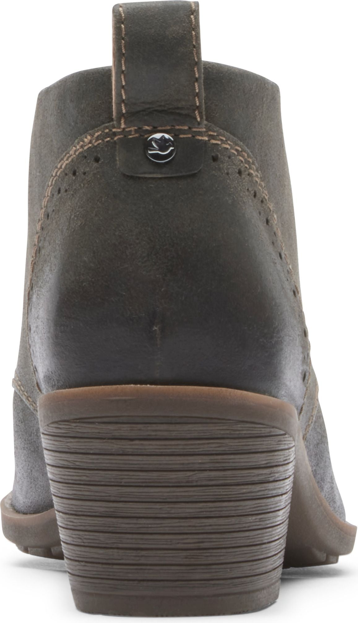 Rear view of a grey ankle boot with a block heel and a pull tab.