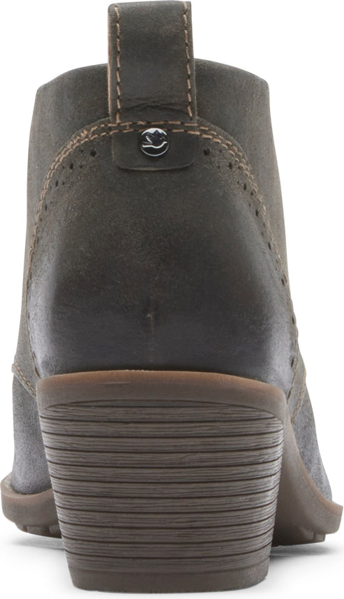 Rear view of a grey ankle boot with a block heel and a pull tab.