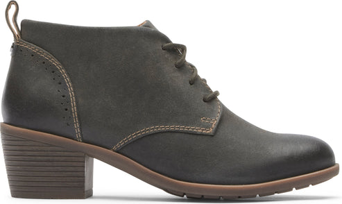 Olive leather heeled lace-up bootie with decorative perforations.