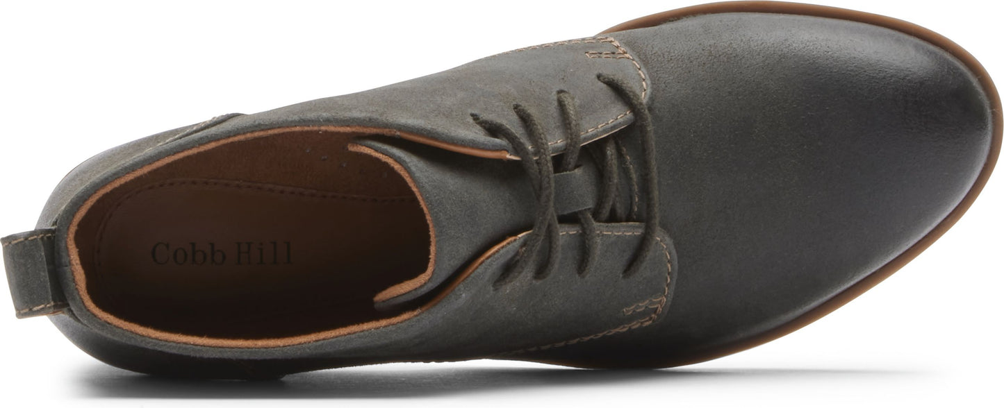 Overhead view of a gray shoe with laces.