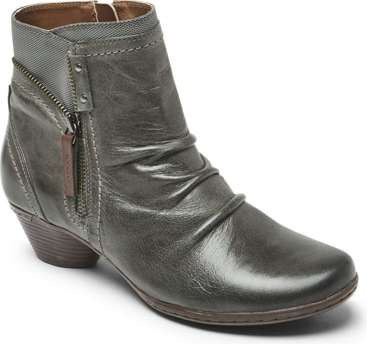 Dark gray leather ankle boot with ruched detailing and a side zipper.