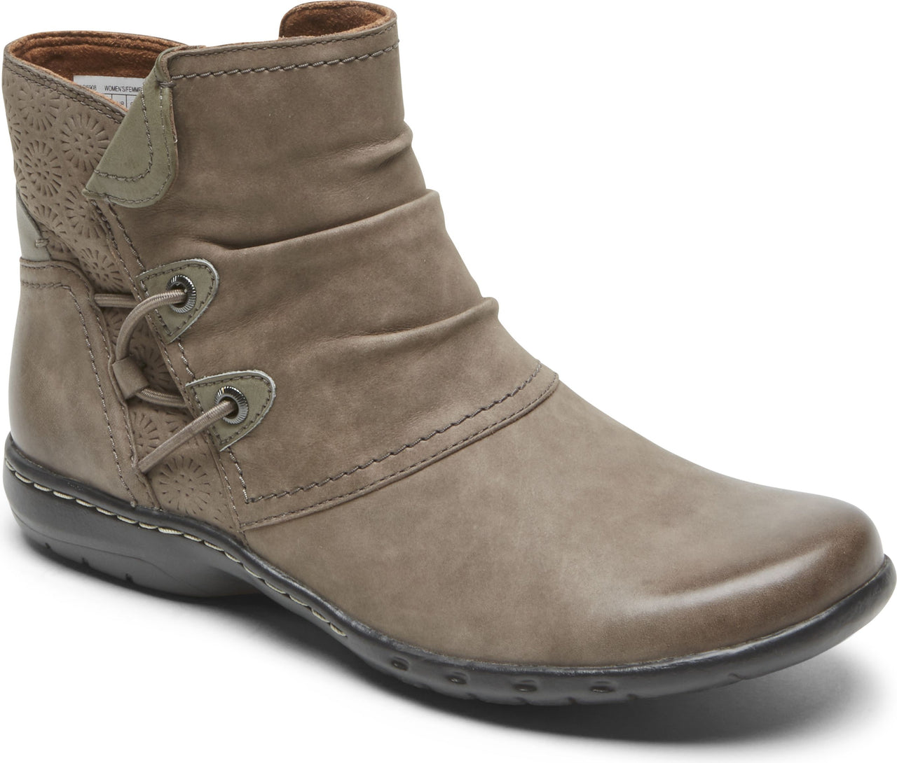 Taupe ankle boot with decorative eyelets, laces and button.