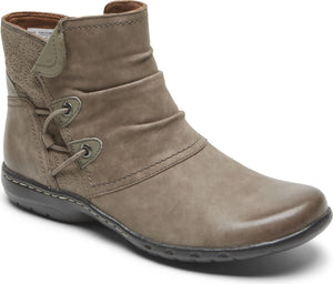 Taupe ankle boot with decorative eyelets, laces and button.