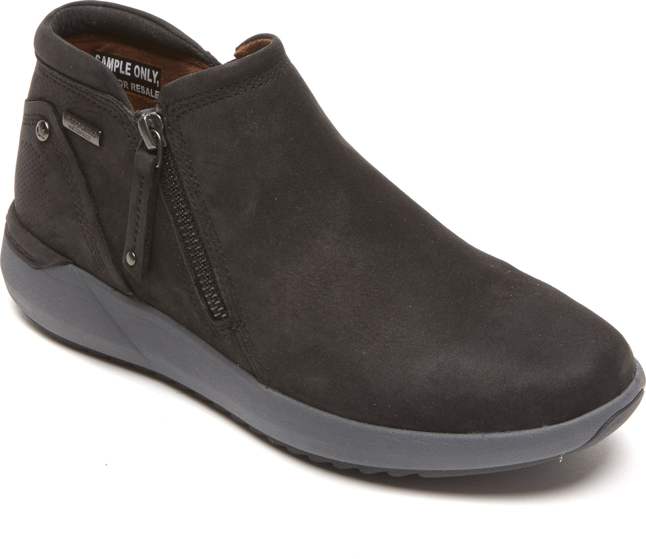 Black ankle boot with side zipper and gray sole.