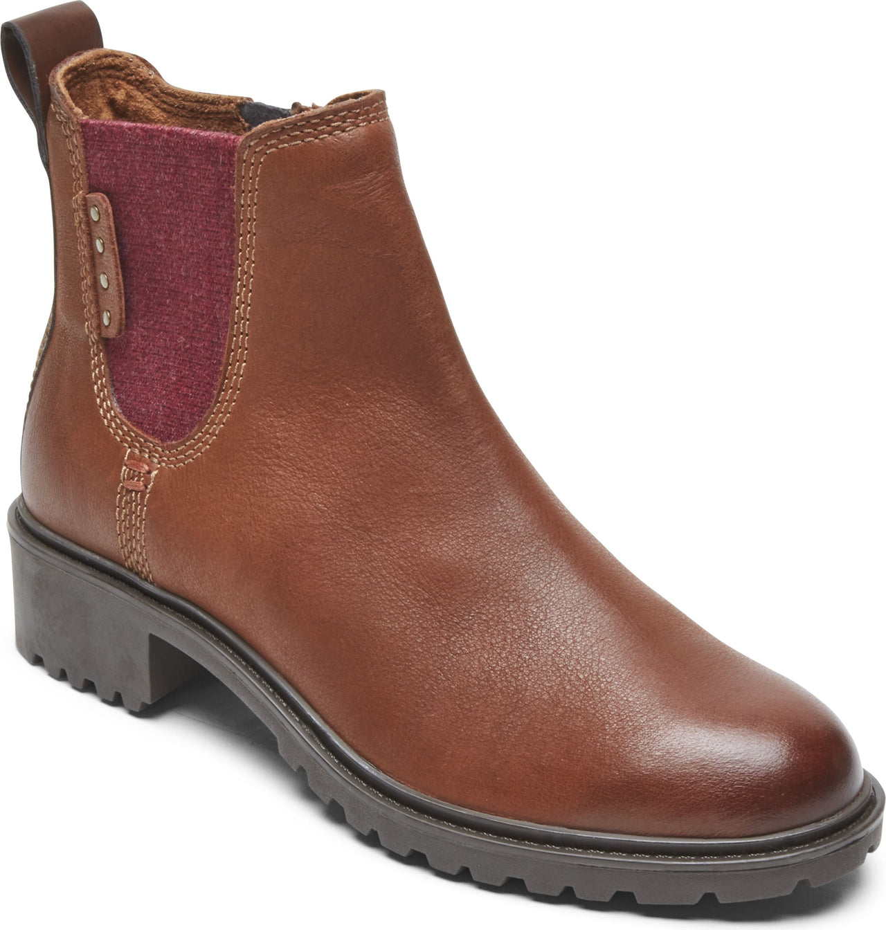 Brown leather ankle boot with a low block heel and maroon elastic side panel.