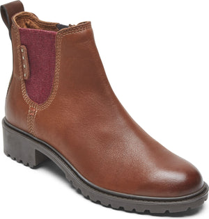 Brown leather ankle boot with a low block heel and maroon elastic side panel.