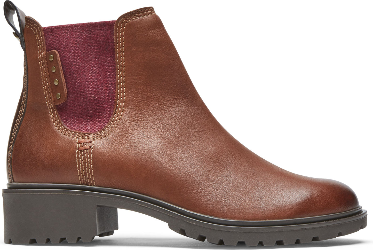 Brown Chelsea boot with block heel and dark red elastic ankle panels.