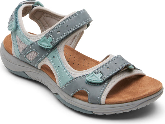 Open-toed sandal with adjustable velcro straps in shades of gray and teal.