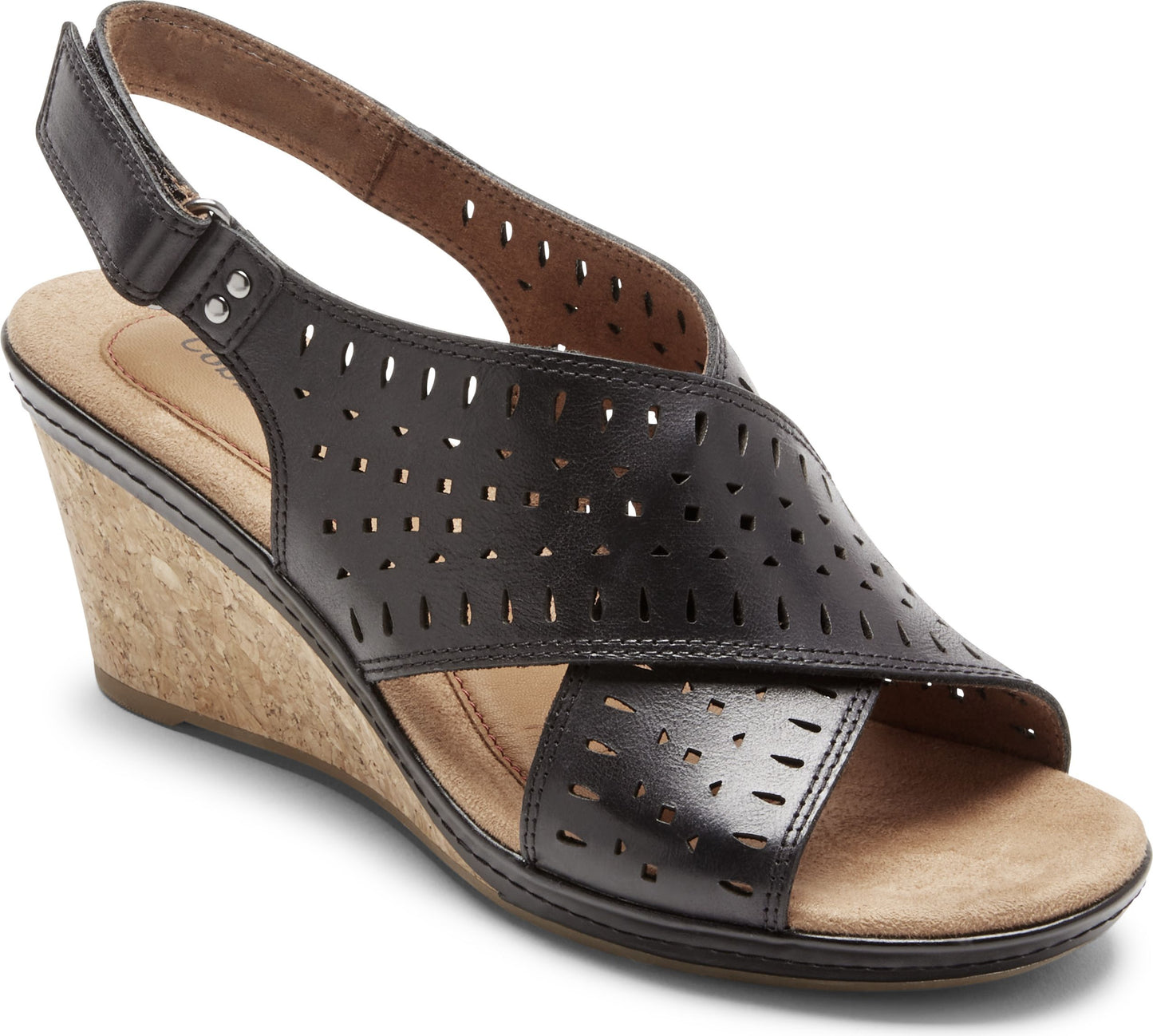 Black wedge sandal with criss-cross perforated straps and adjustable slingback strap.