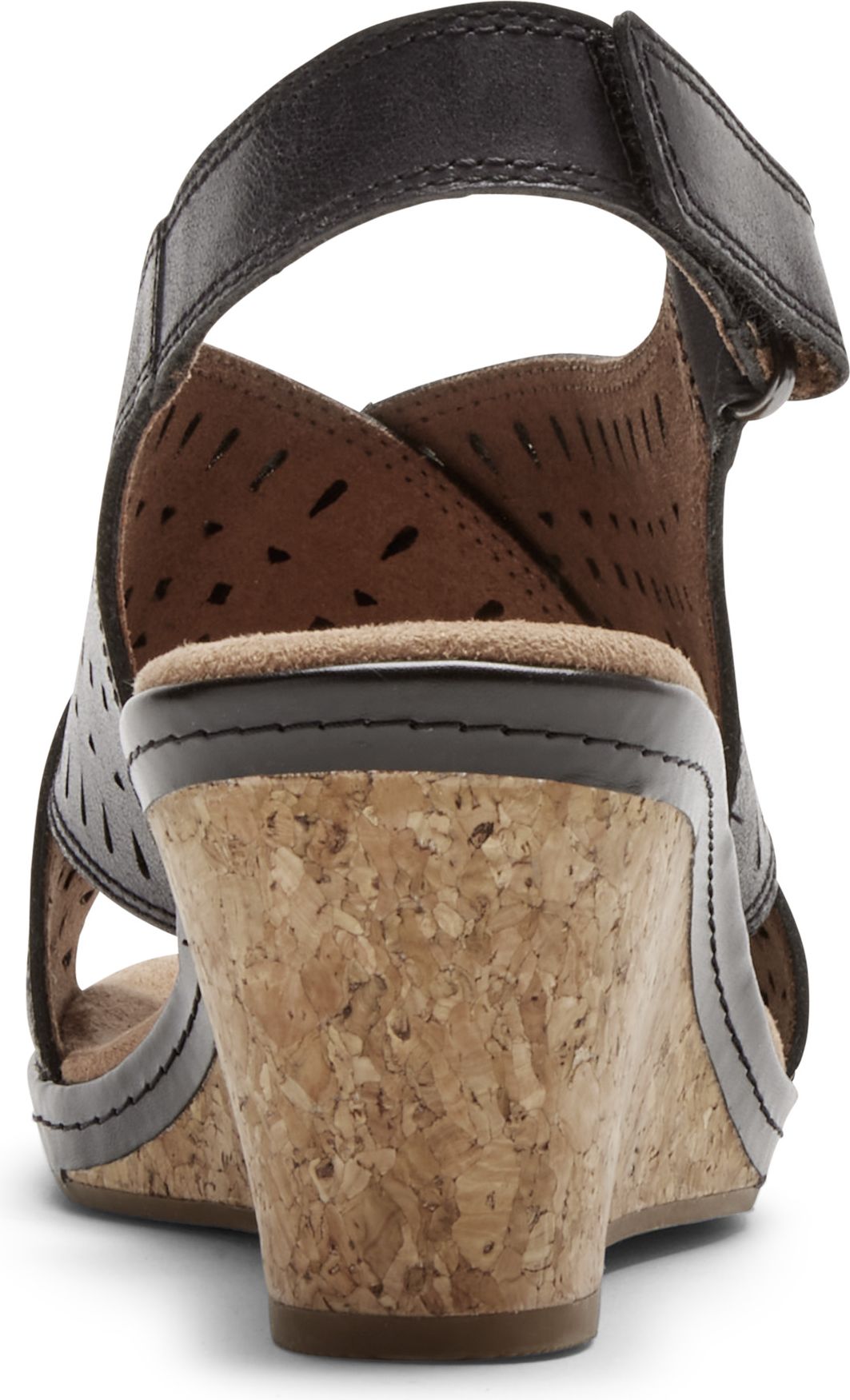 Rear view of a black leather wedge sandal with a cork sole and a velcro ankle strap.