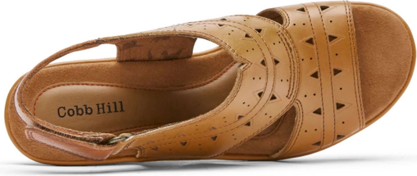 Tan Cobb Hill sandal with heel strap and decorative cutouts.