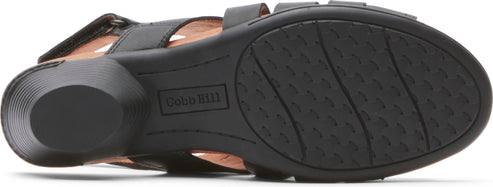 Black sole of a heeled sandal with text Cobb Hill.