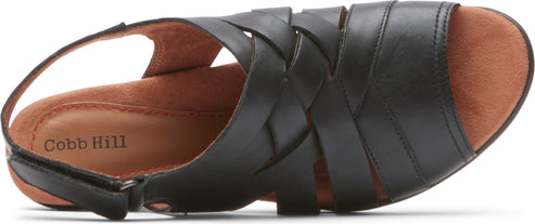 Black leather sandal with a woven strap design and a velcro ankle strap.