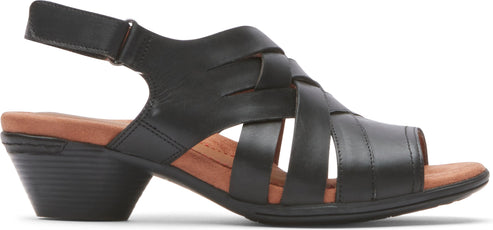 Black sandal with a block heel and criss-cross straps.