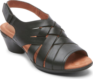 Black leather sandal with woven straps and an adjustable ankle strap.