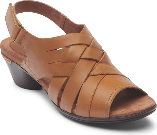 Tan leather sandal with peep toe, interlaced straps, block heel, and slingback strap.