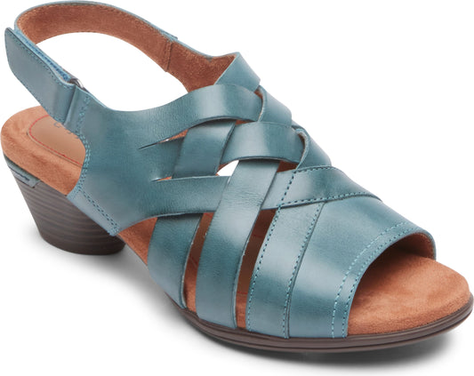 Teal leather sandal with interwoven straps and a small block heel.