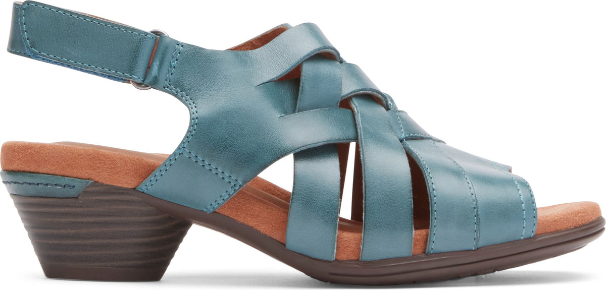 A blue sandal with a heel and woven straps.