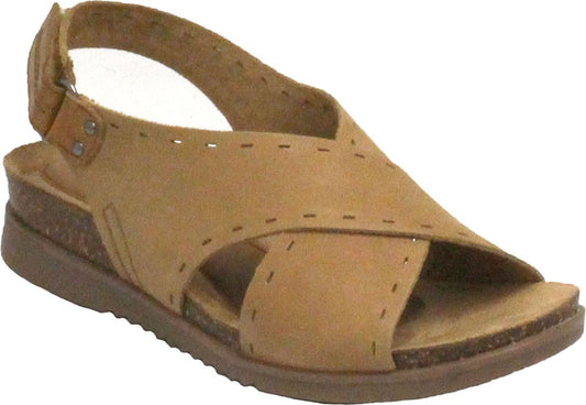 Tan suede sandal with a criss-cross upper, decorative stitching, slingback strap, and a low cork wedge heel.