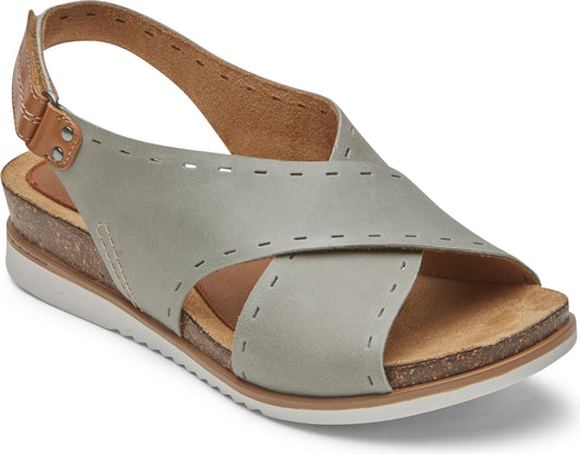 Gray sandal with overlapping straps, a cork wedge and tan ankle strap.