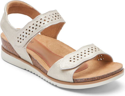 Silver sandal with hook and loop straps, perforated detailing, toe thong, wedge heel and white outsole.