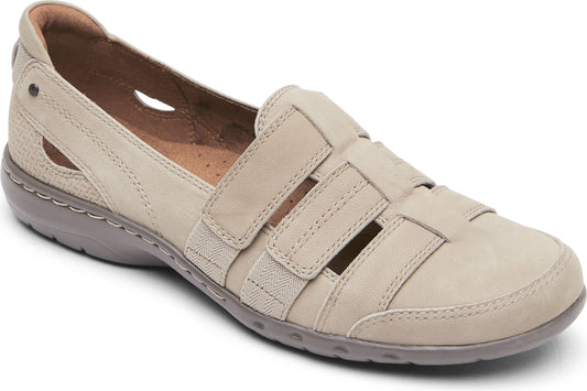 Beige slip-on shoe with woven straps and cutouts.