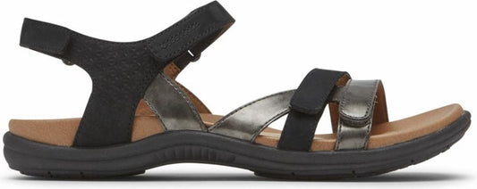 A sandal with black straps and velcro closures, and metallic-colored straps.