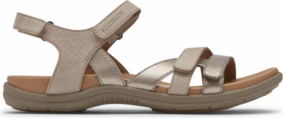 A gold sandal with tan sole and three adjustable straps.
