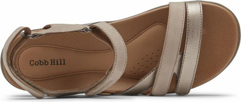 A pair of sandals with gold straps.