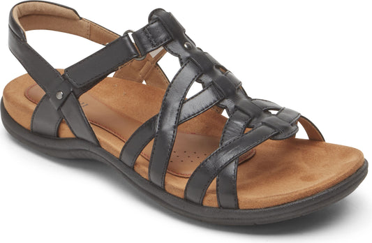 Black leather sandal with multiple straps and adjustable ankle strap.