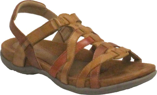 Tan leather sandal with woven straps and an ankle strap.