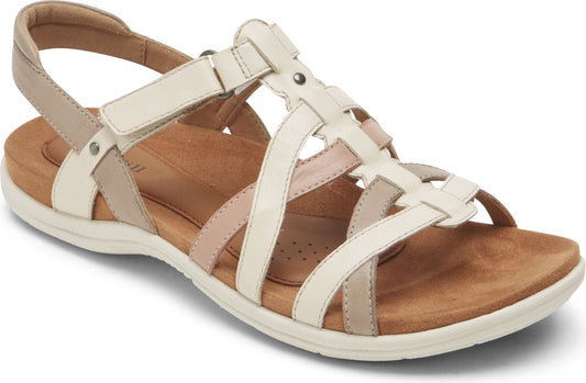 A women's cream-and-beige sandal with multiple straps and a hook-and-loop fastener.