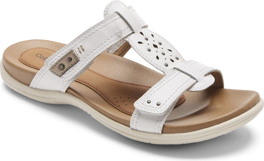 White sandal with a tan sole, featuring a decorative strap with perforations.