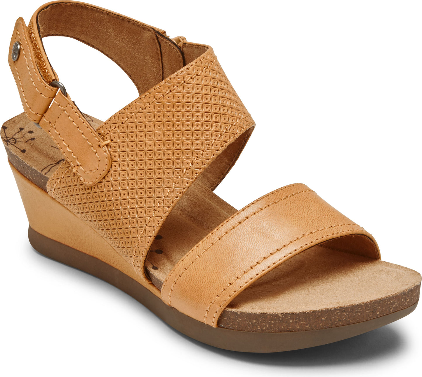 Tan women's sandal with two straps, the upper one is textured, wedge heel, and cork footbed.