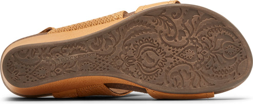 A sandal shoe has a patterned sole.