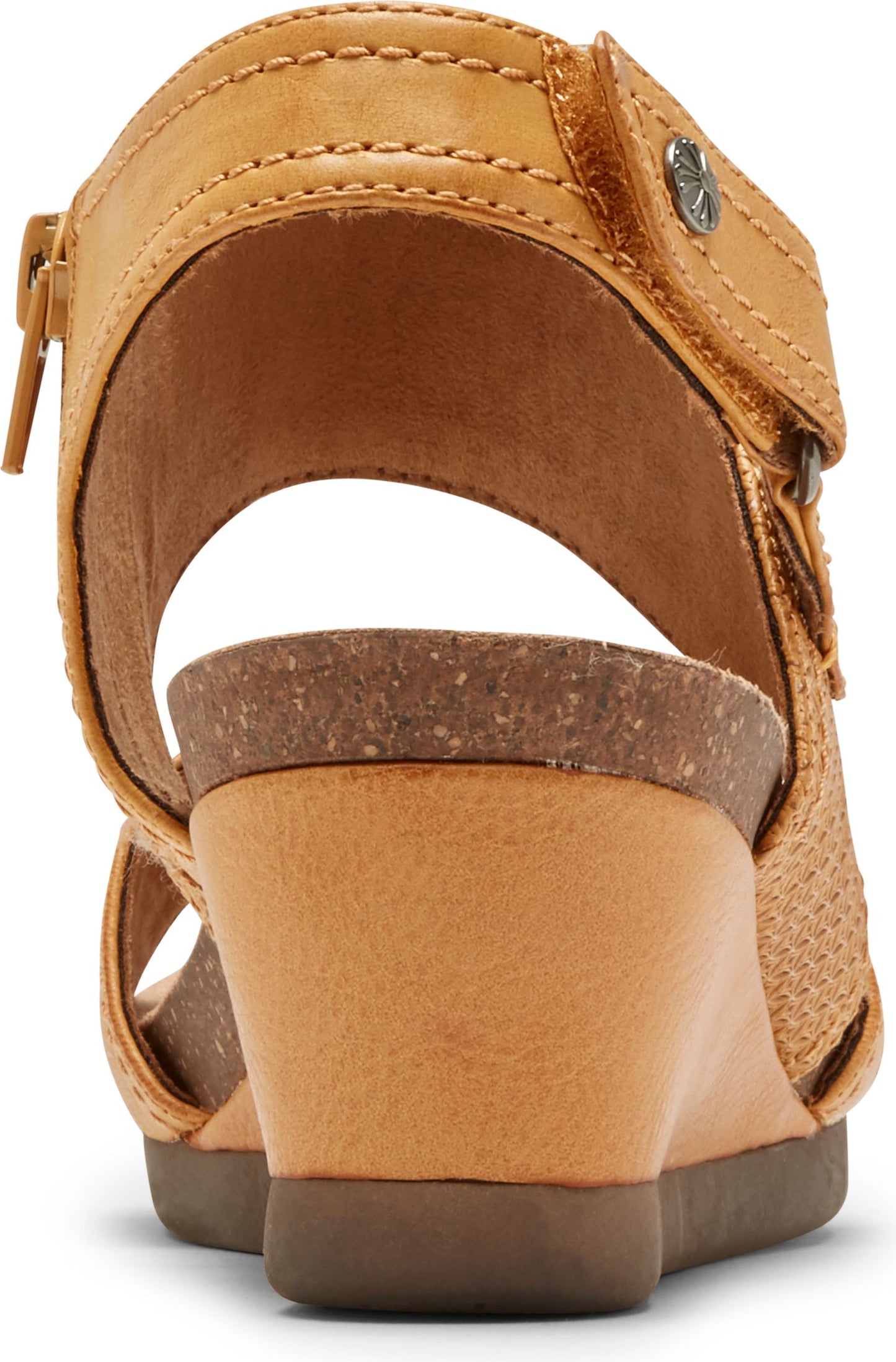 Tan wedge sandal featuring adjustable ankle strap and zipper closure.