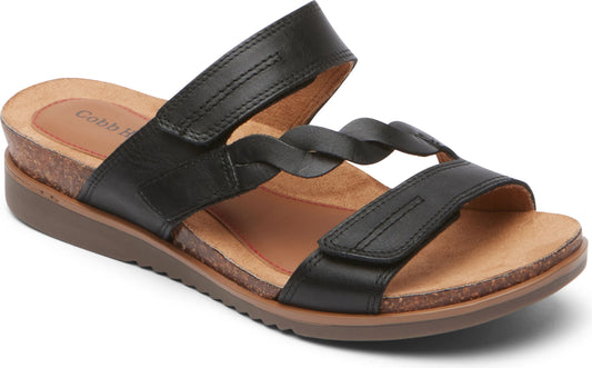 Black leather sandal with two adjustable straps and braided detailing.