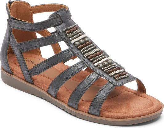 A metallic grey, beaded, open-toe, gladiator sandal with multiple straps and a back zipper.
