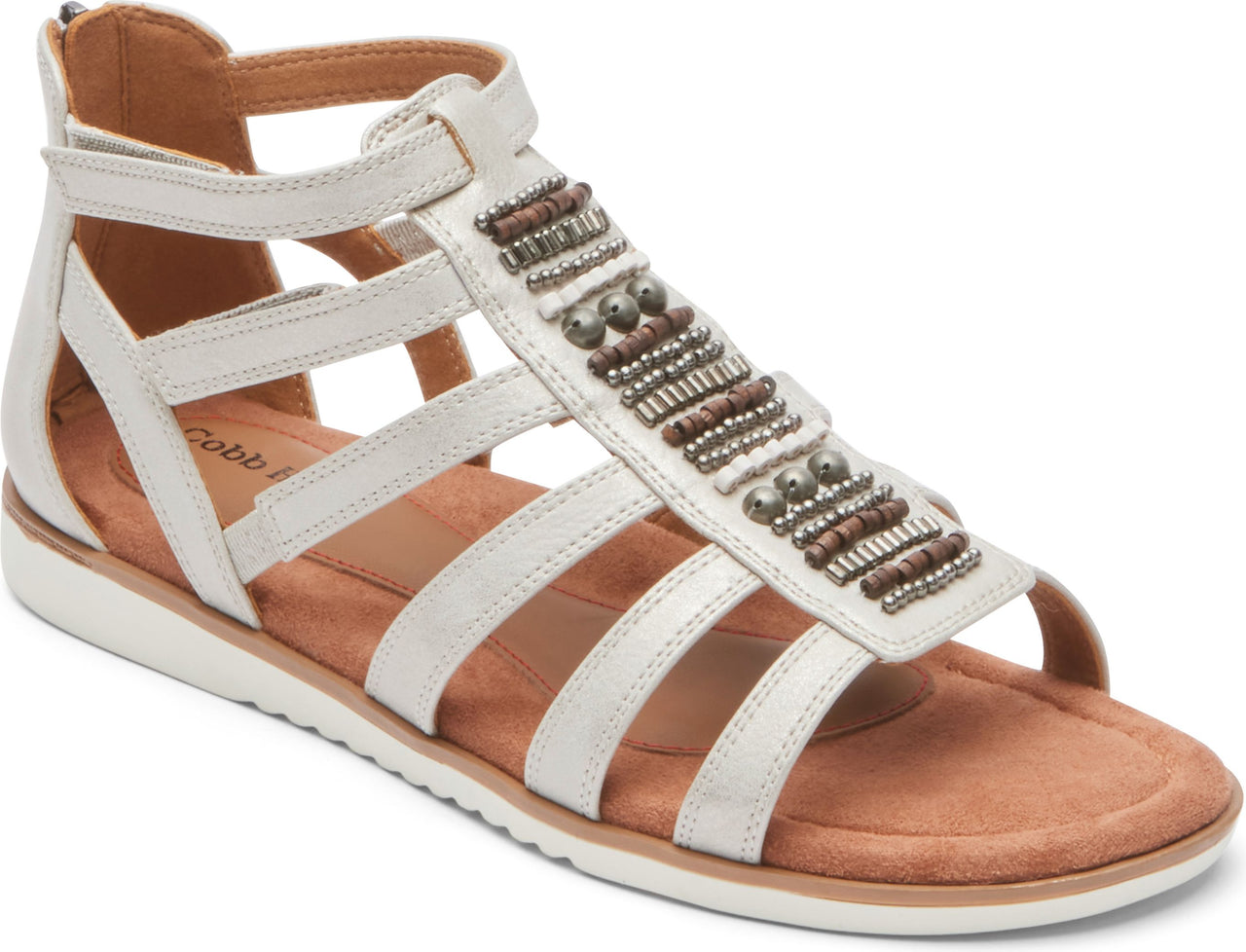 Silver strappy sandal with bead detailing and zipper closure.