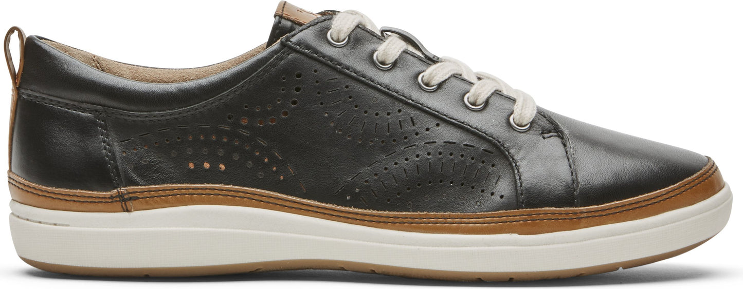 A black leather shoe with white laces and a white sole.