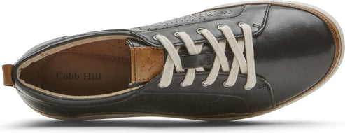 A shiny black leather sneaker with white laces.