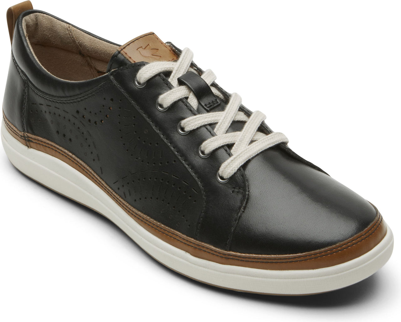 Black leather low-top shoe with white laces and white rubber sole.