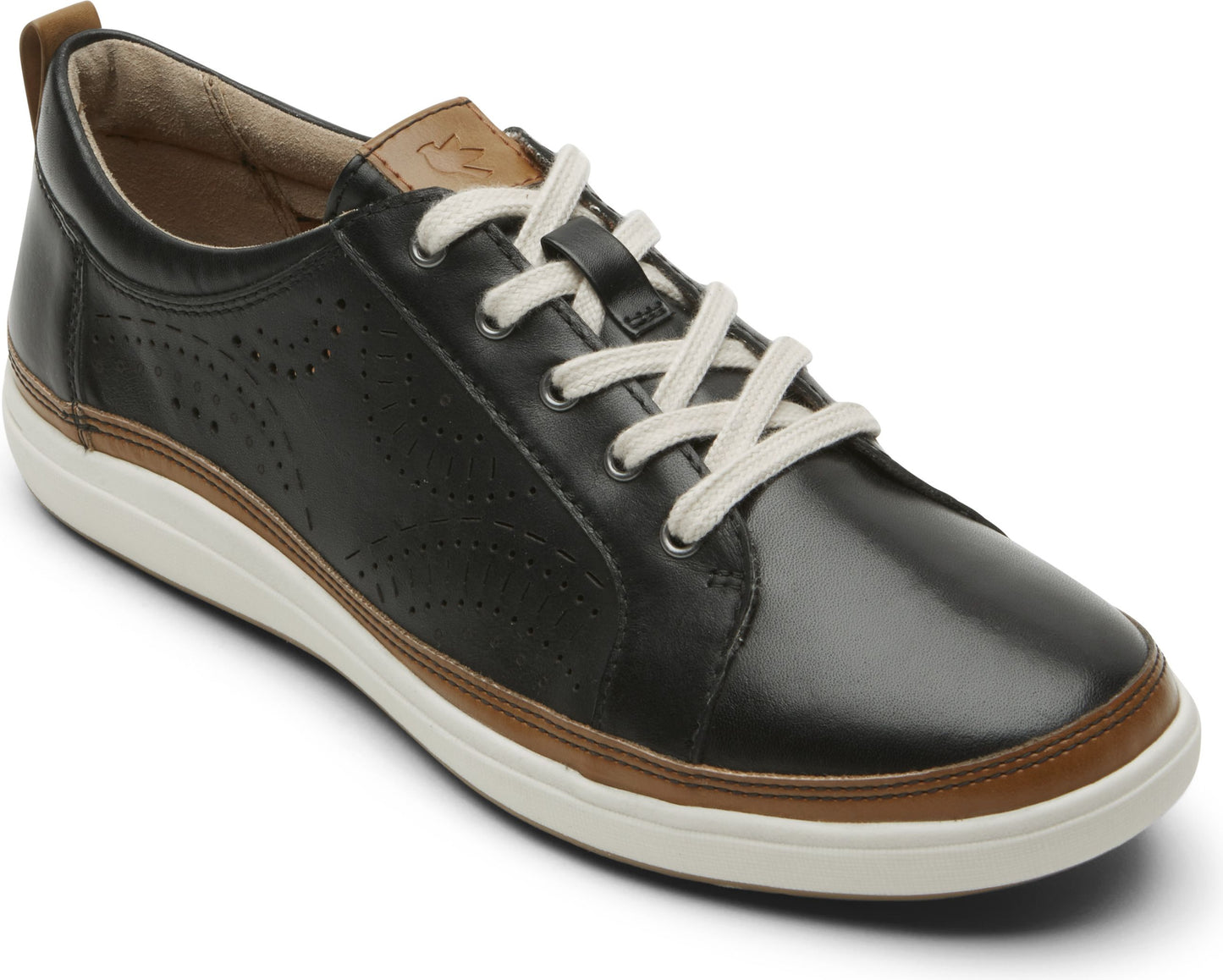 Black leather low-top shoe with white laces and white rubber sole.