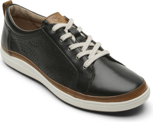 Black leather low-top shoe with white laces and white rubber sole.