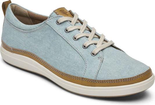 A low-profile light blue fabric sneaker with off-white laces, a light brown trim, and a tan heel tab.