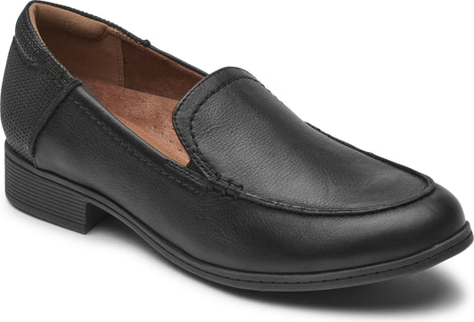 Black leather women's loafer with a low heel and textured back.