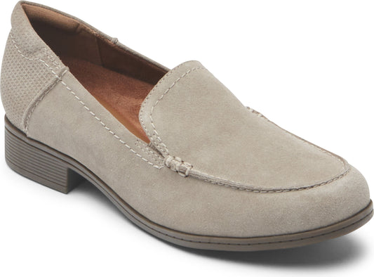 Taupe suede loafer with a textured heel and stacked heel.